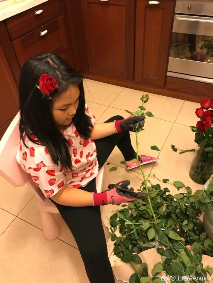 李湘晒王诗龄插花照 耳别玫瑰五官秀美人比花娇2